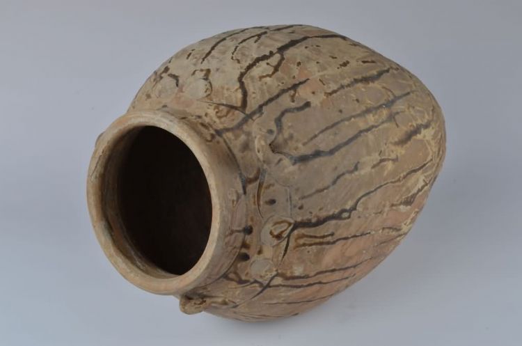 明代流褐釉弦纹六耳陶瓮