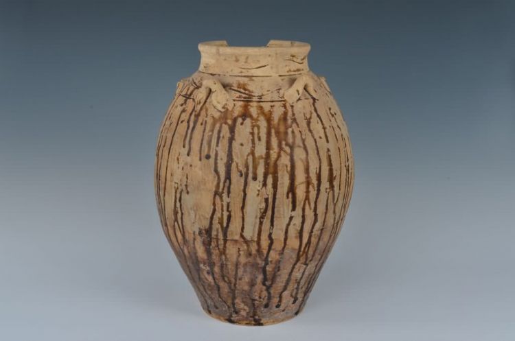 清代黄褐流釉六耳瓮