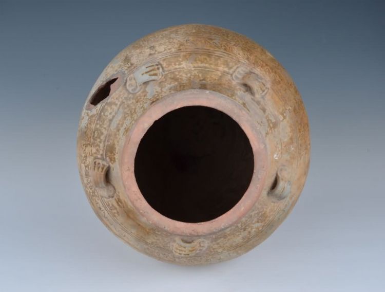 明代青黄釉花鸟纹五耳瓮