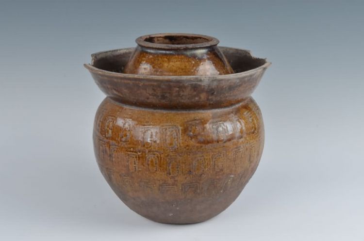 现代黄褐釉双口罐